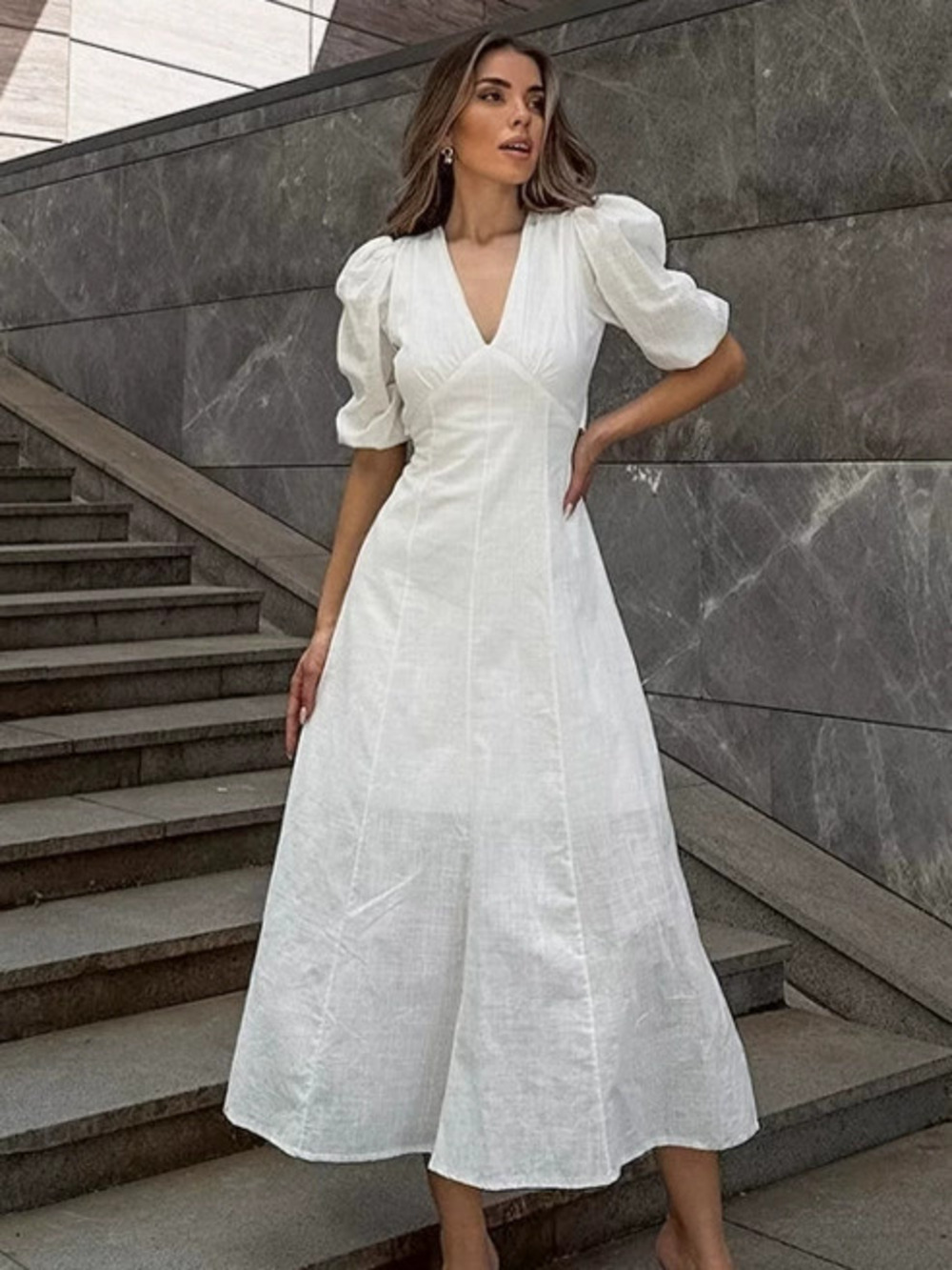 Forever 21 Autumn White Puff Sleeve Linen Cotton Long Dress